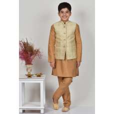 Gold Fancy Jamawar Wedding Waistcoat For Boys