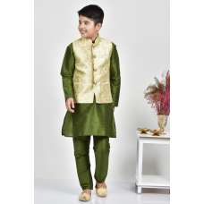 Green Indian Boys Party Wear Jamawar Waistcoat