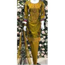 Mustard Printed & Embroidered Linen Readymade Suit