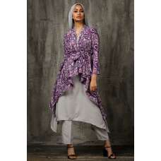 Grey and Purple Paisley Printed Jacket Suit Pakistani Designer Dress