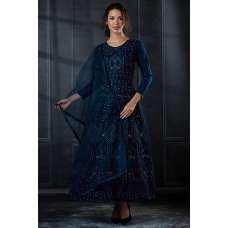 Navy Blue Net Embroidered Party Wear Gown