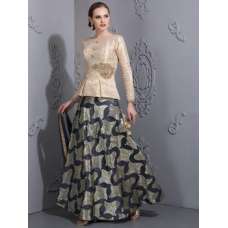 CREAM GOLD SATIN PEPLUM TOP WITH BROCADE STEEL BLUE LENGHA (READYMADE)