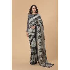 ASH GREY ABSTRACT PRINT DESIGNER READY MADE SAREE