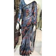 BLUE FLORAL PRINTED SATIN SAREE