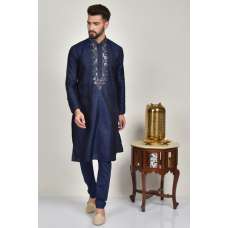 Navy Blue Embroidered Party Wear Mens Kurta Pajama