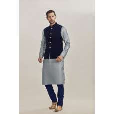 GREY AND NAVY BLUE WAISTCOAT AND GREY KURTA PAJAMA READY MADE MEN'S SUIT