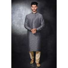 GREY & BEIGE BROCADE STYLISH INDIAN WEDDING KURTA PYJAMA