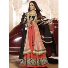 Black and Orange Celina Jaitley Georgette Floor Length Anarkali Suit