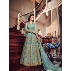 TURQUOISE BLUE HEAVY EMBROIDERED INDIAN WEDDING SLIT STYLE GOWN